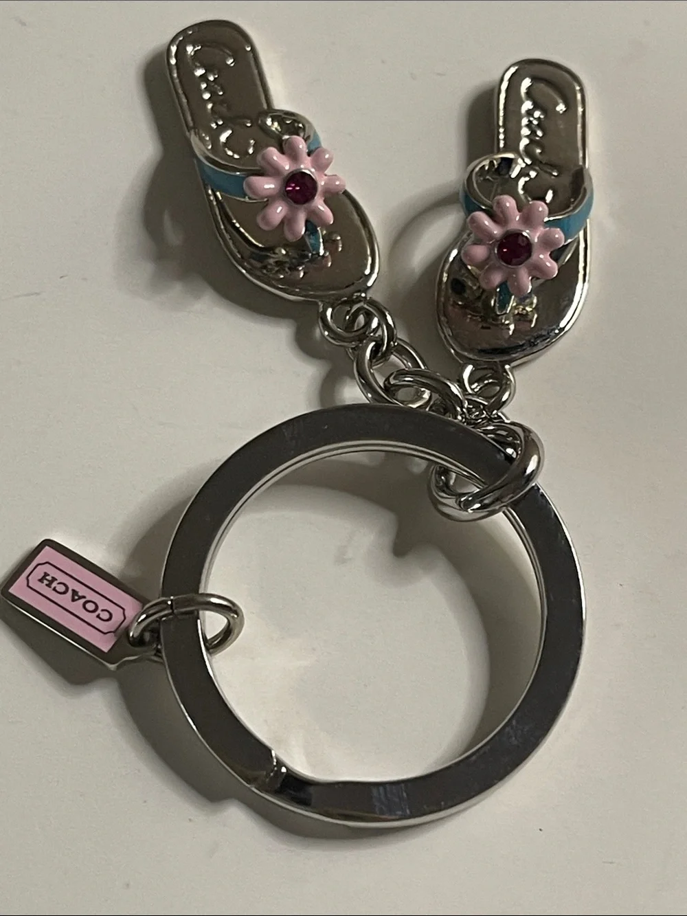COACH Flip Flop Charm Keychain with Pink Flower Accents and Coach Pen